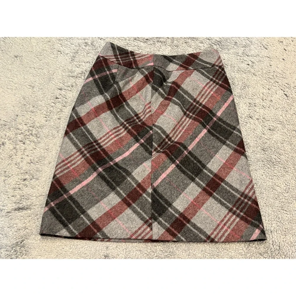 Ann Taylor Wool Blend Tweed Plaid Pencil Skirt Women's 0P Gray Maroon